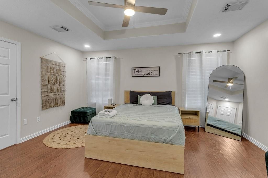 Bedroom, Interior, Recessed Lighting, Wood Texture Flooring
