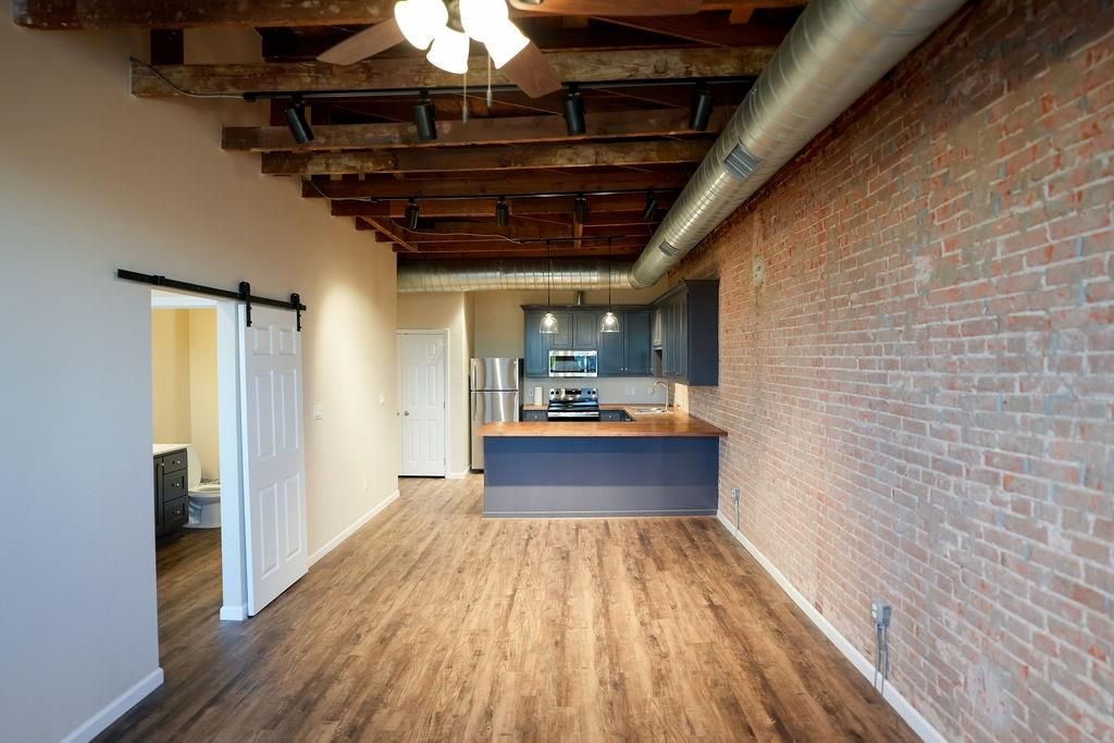 Interior, Kitchen, Pendant Lights, Stone Walls, Wooden Beams, Wood Texture Flooring