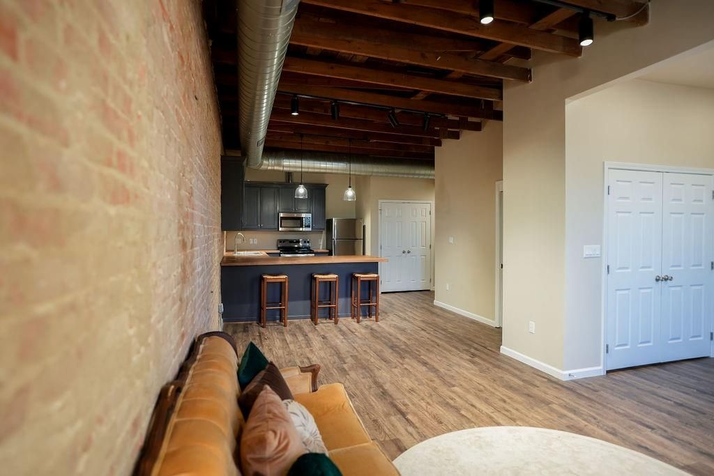 Interior, Kitchen, Pendant Lights, Stainless Steel Appliances, Wooden Beams, Wood Texture Flooring
