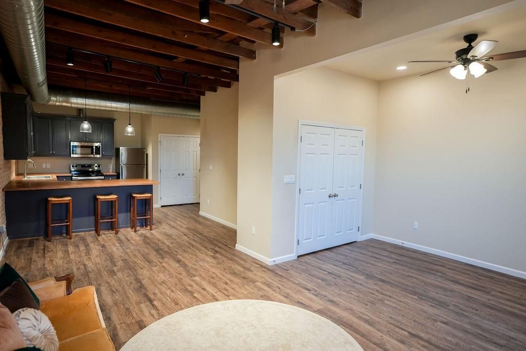 Interior, Kitchen, Pendant Lights, Recessed Lighting, Stainless Steel Appliances, Wooden Beams, Wood Texture Flooring