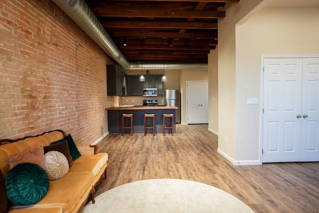 Interior, Kitchen, Pendant Lights, Recessed Lighting, Stainless Steel Appliances, Stone Walls, Wooden Beams, Wooden Ceilings, Wood Texture Flooring