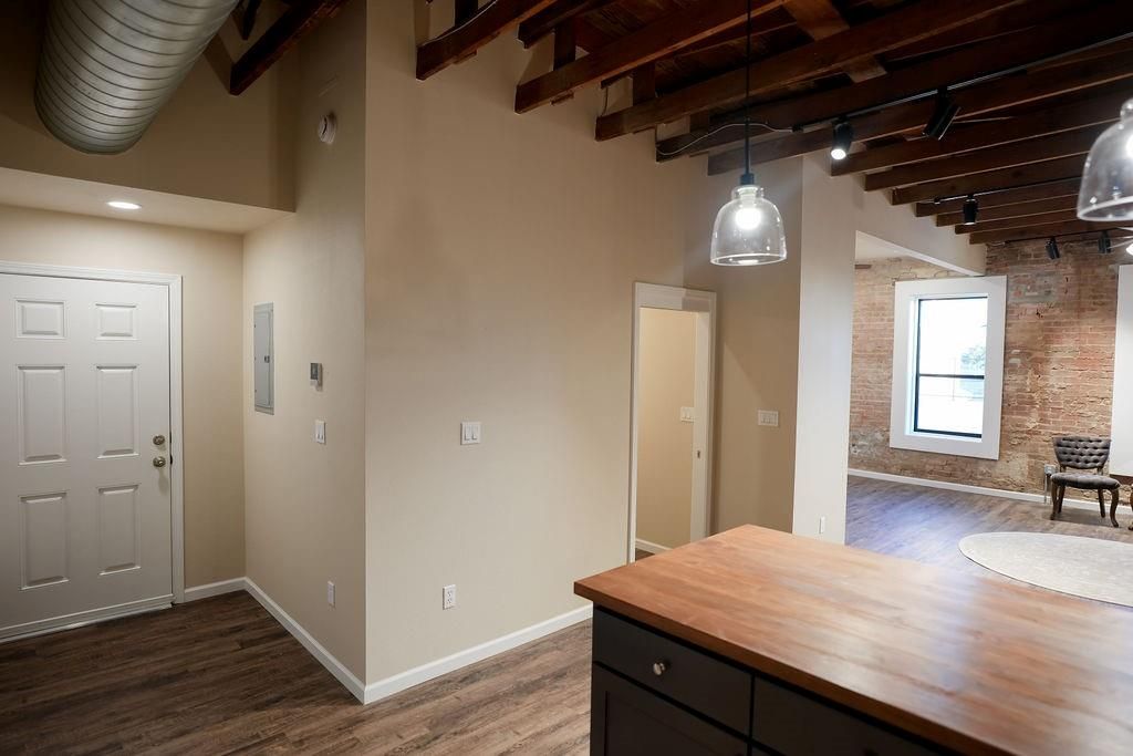 Interior, Pendant Lights, Recessed Lighting, Stone Walls, Wooden Beams, Wood Texture Flooring
