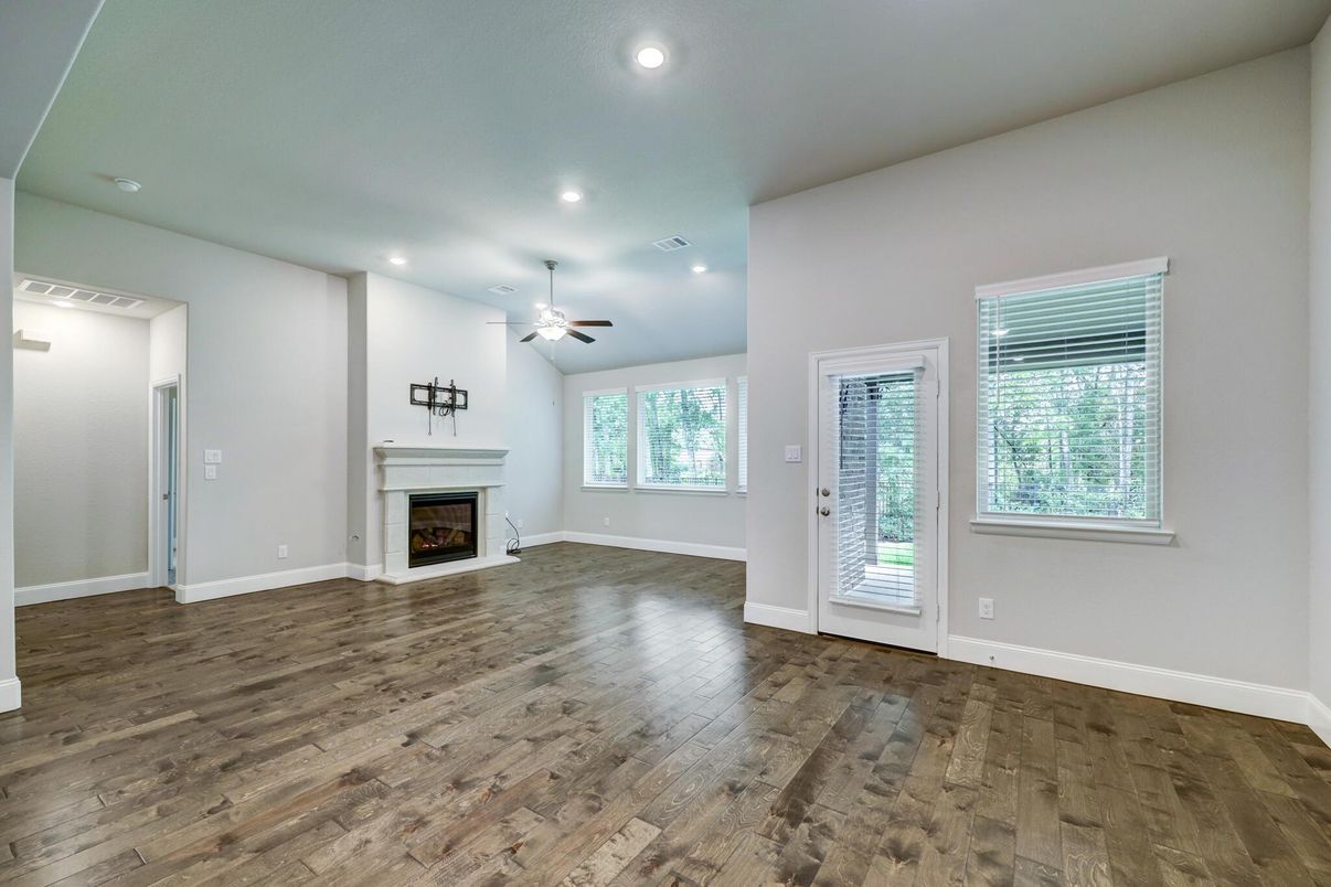 Empty room, Fireplace, Interior, Recessed Lighting, Wood Texture Flooring