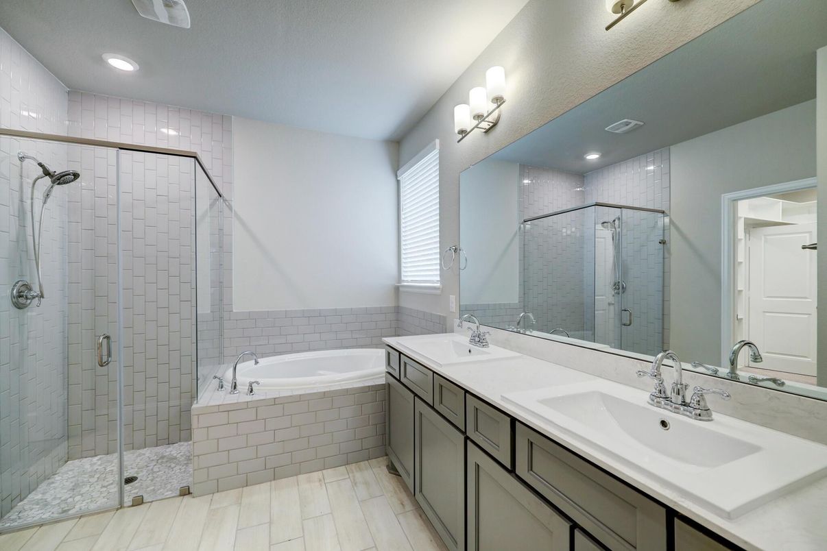 Bathroom, Dual Sink Vanities, Glass Shower, Interior, Recessed Lighting, Wood Texture Flooring