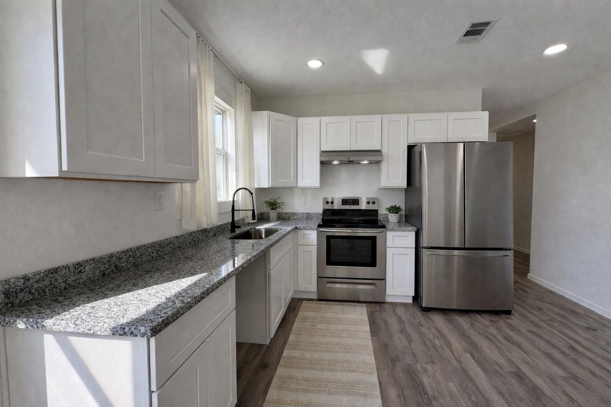 Interior, Kitchen, Recessed Lighting, Stainless Steel Appliances, Wood Texture Flooring