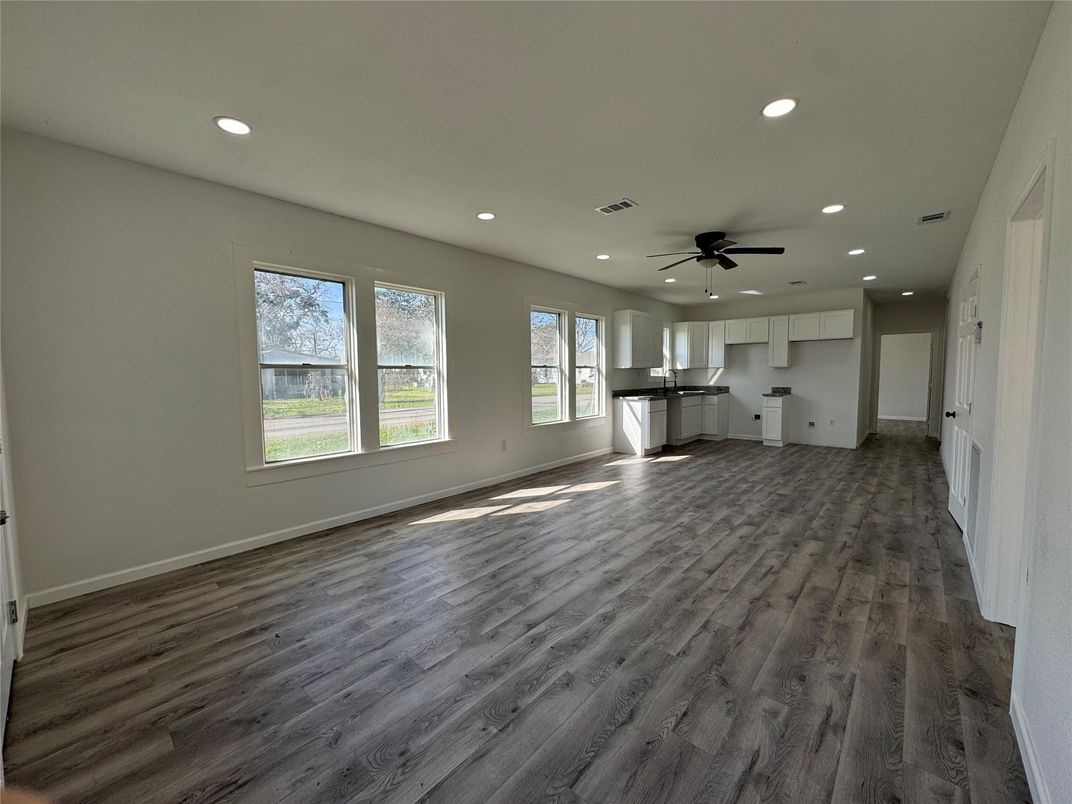 Empty room, Interior, Kitchen, Recessed Lighting, Wood Texture Flooring