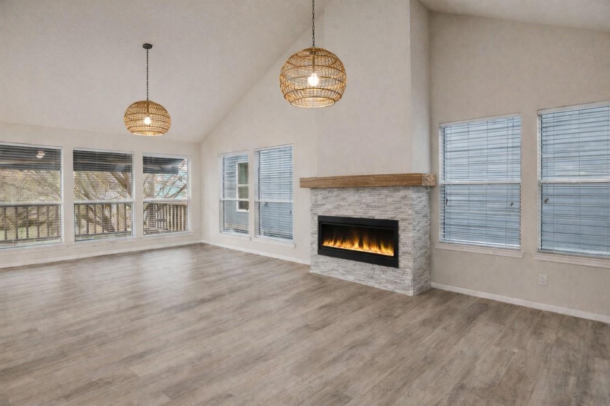 Empty room, Fireplace, Interior, Pendant Lights, Wood Texture Flooring