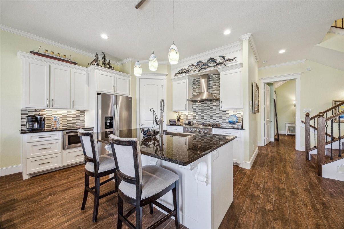 Interior, Kitchen, Pendant Lights, Recessed Lighting, Stainless Steel Appliances, Wood Texture Flooring