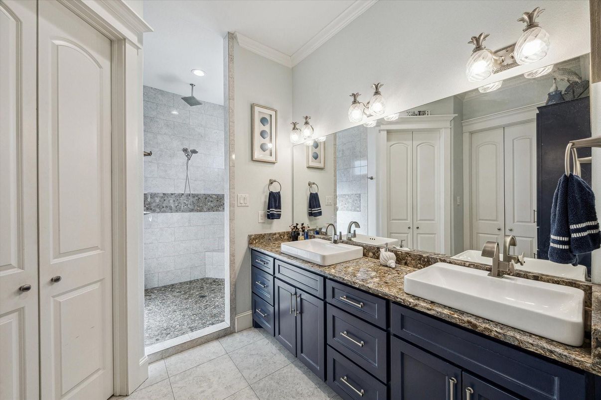 Bathroom, Dual Sink Vanities, Glass Shower, Interior, Recessed Lighting