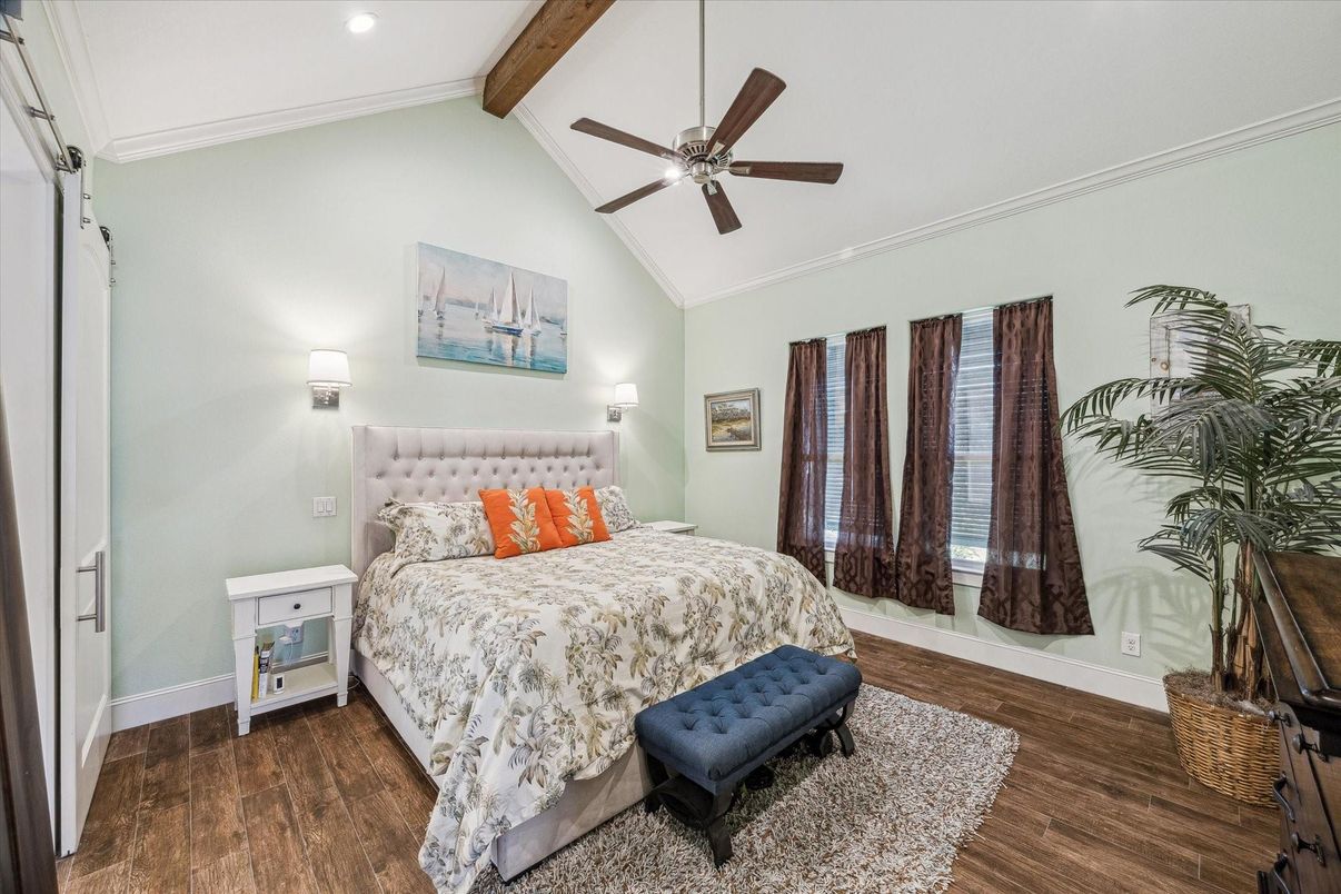 Bedroom, Interior, Recessed Lighting, Wooden Beams, Wood Texture Flooring