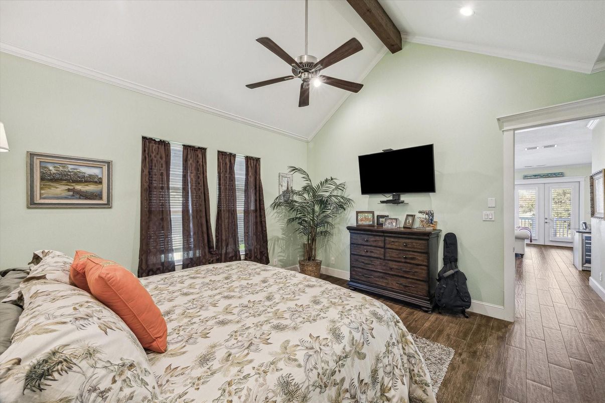 Bedroom, Interior, Recessed Lighting, Wooden Beams, Wood Texture Flooring