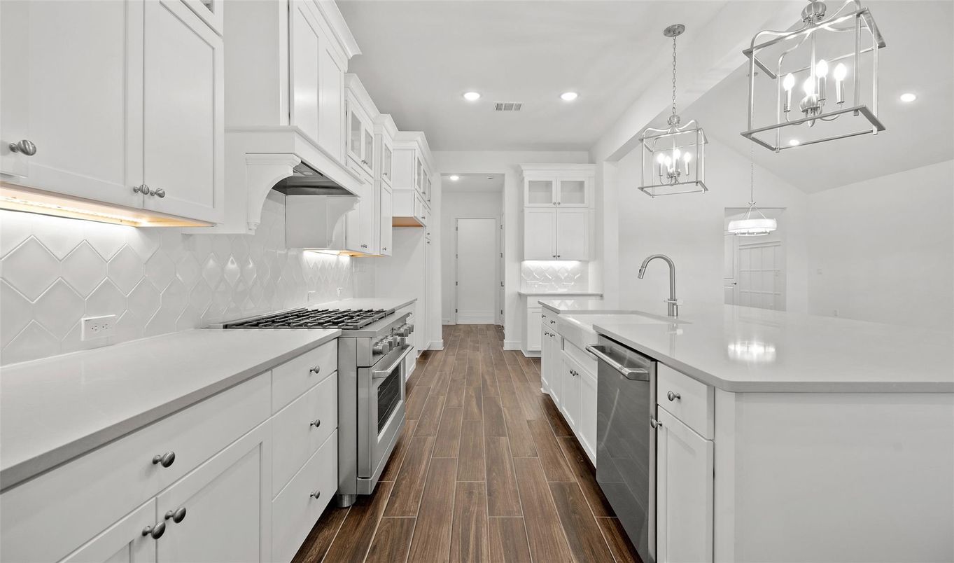 Interior, Kitchen, Pendant Lights, Recessed Lighting, Stainless Steel Appliances, Wood Texture Flooring