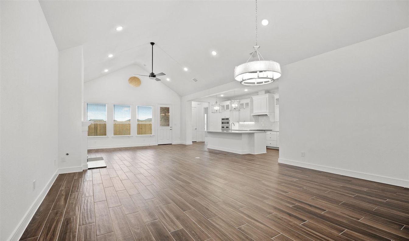 Chandelier, Empty room, Interior, Kitchen, Pendant Lights, Recessed Lighting, Wood Texture Flooring