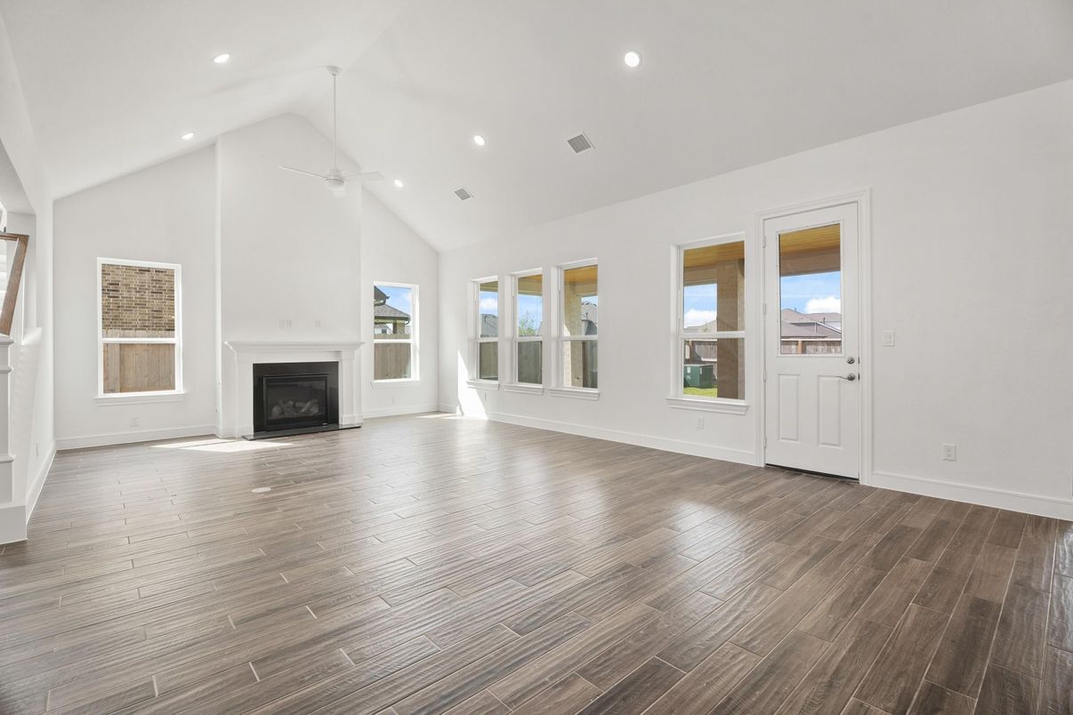 Empty room, Fireplace, Interior, Recessed Lighting, Wood Texture Flooring