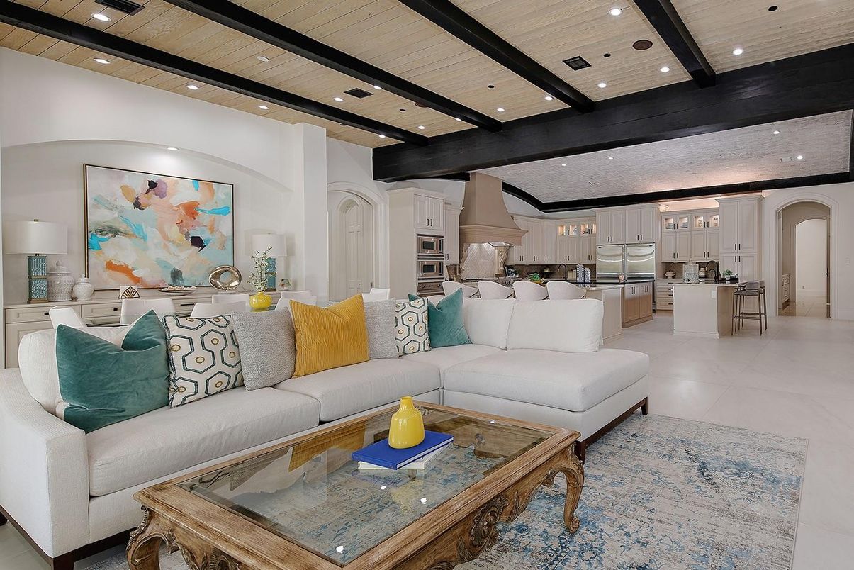 Interior, Kitchen, Living room, Recessed Lighting, Stainless Steel Appliances, Wooden Beams, Wooden Ceilings