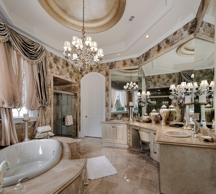 Bathroom, Chandelier, Dual Sink Vanities, Glass Shower, Interior, Recessed Lighting