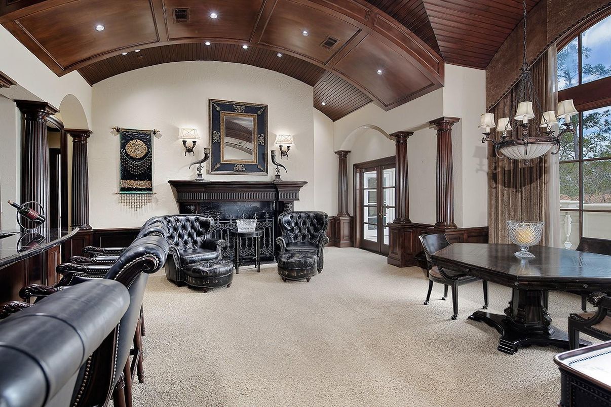 Fireplace, Interior, Recessed Lighting, Wooden Ceilings