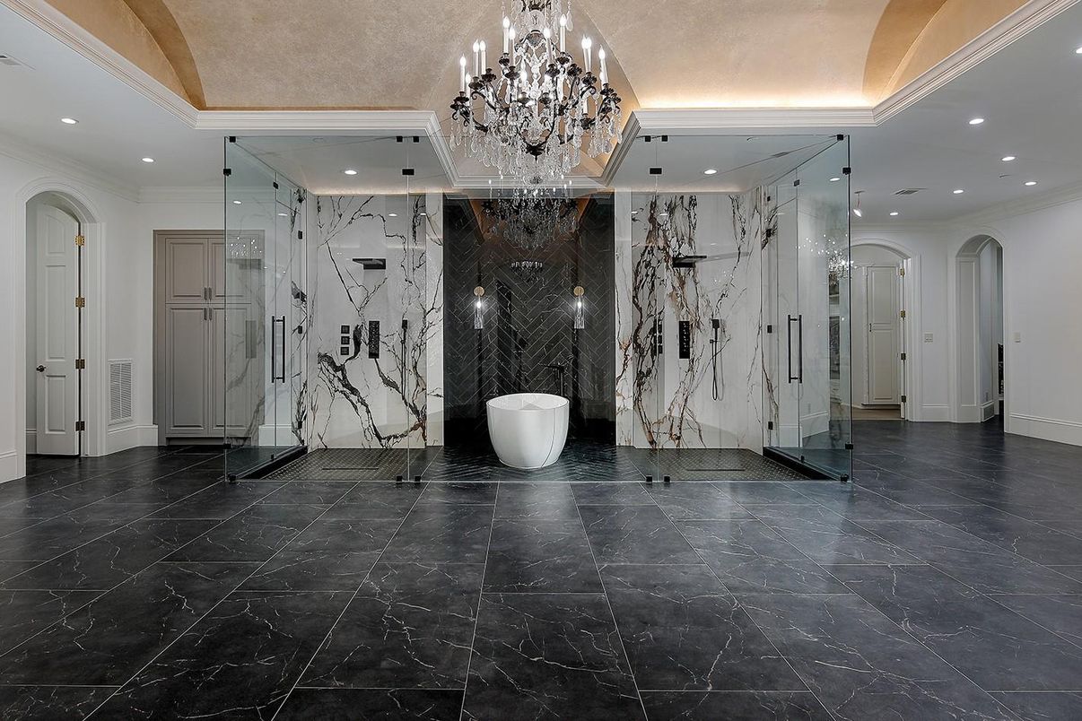 Bathroom, Chandelier, Free Standing Baths, Glass Shower, Interior, Marble, Marble Walls, Recessed Lighting
