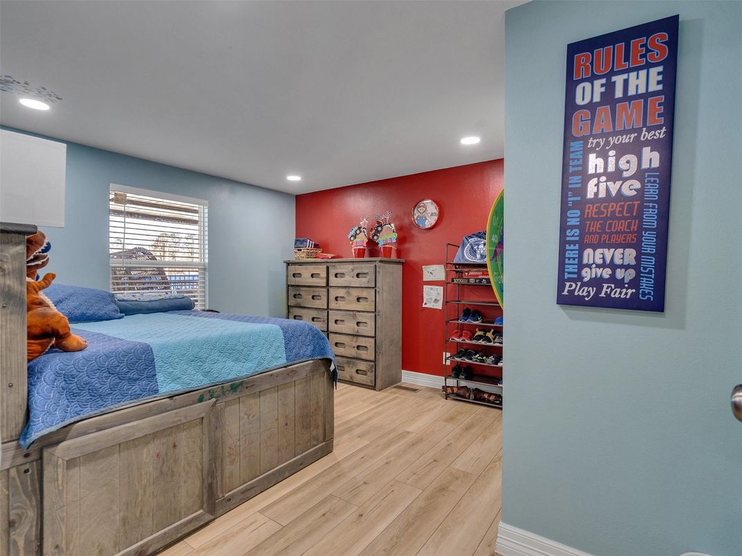 Bedroom, Interior, Recessed Lighting, Wood Texture Flooring