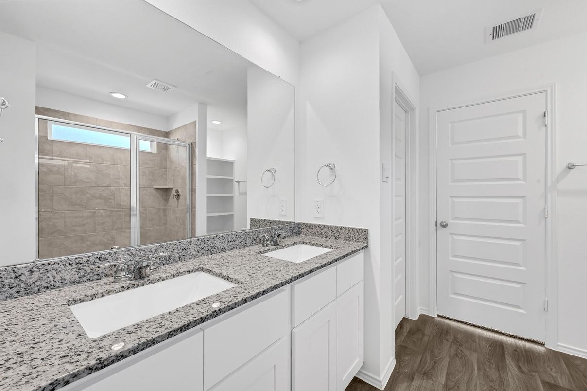 Bathroom, Dual Sink Vanities, Glass Shower, Interior, Recessed Lighting, Wood Texture Flooring
