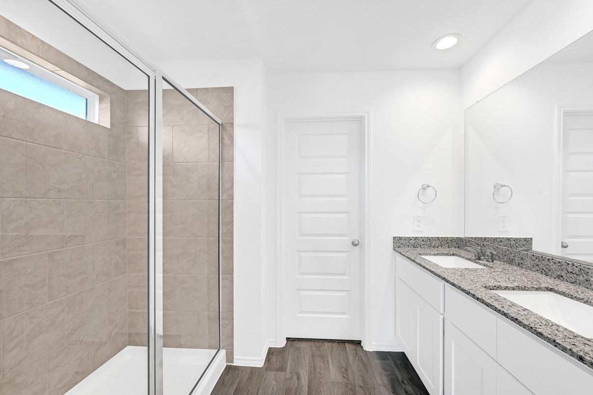 Bathroom, Glass Shower, Interior, Recessed Lighting, Wood Texture Flooring