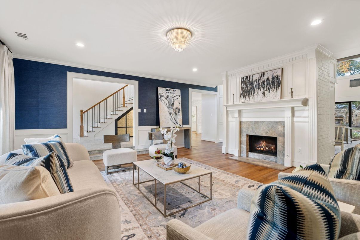 Fireplace, Interior, Living room, Recessed Lighting, Wood Texture Flooring