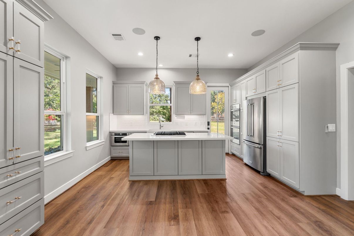 Interior, Kitchen, Pendant Lights, Recessed Lighting, Stainless Steel Appliances, Wood Texture Flooring