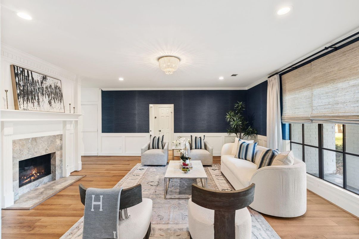 Fireplace, Interior, Living room, Recessed Lighting, Wood Texture Flooring