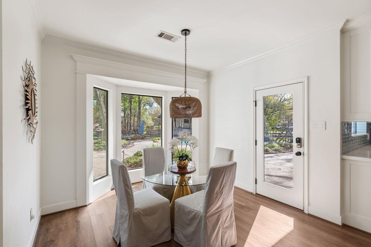 Dining room, Interior, Pendant Lights, Wood Texture Flooring