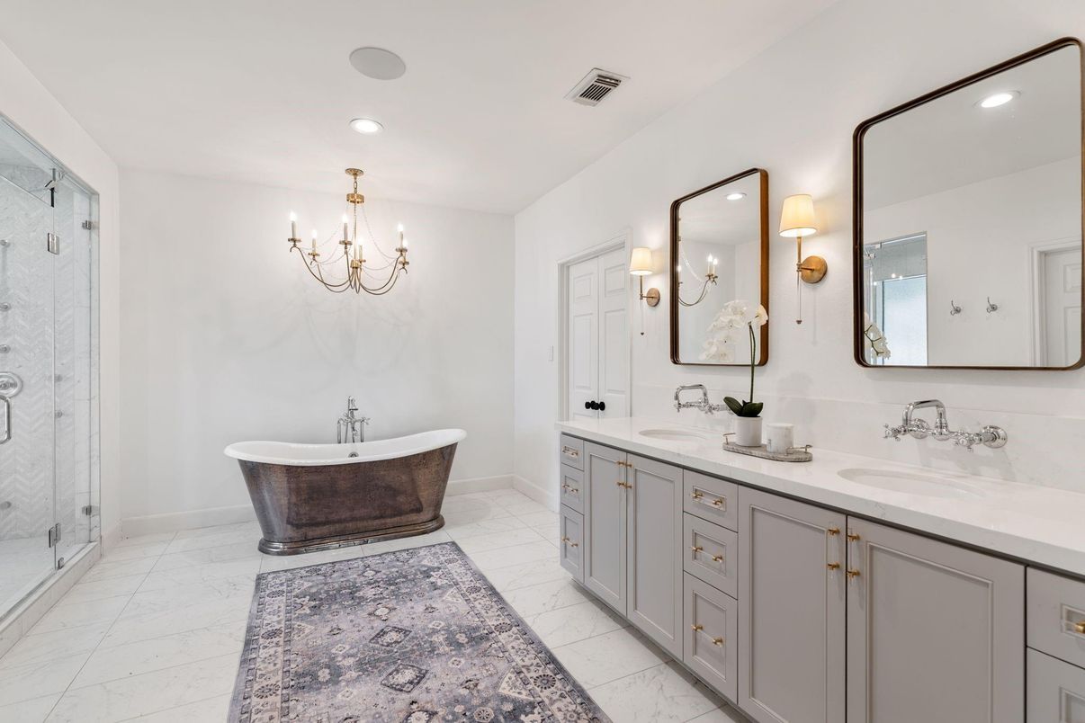 Bathroom, Chandelier, Dual Sink Vanities, Free Standing Baths, Glass Shower, Interior, Marble, Recessed Lighting