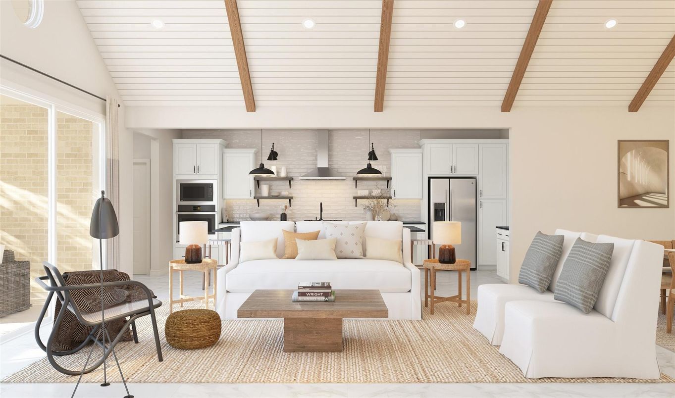 Interior, Kitchen, Living room, Recessed Lighting, Stainless Steel Appliances, Stone Walls, Wooden Beams