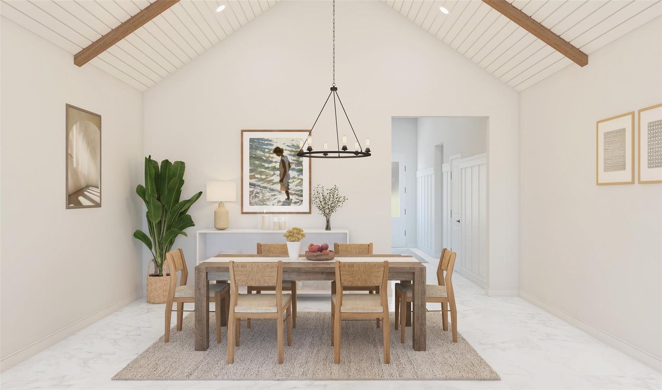 Dining room, Interior, Marble, Pendant Lights, Recessed Lighting, Wooden Beams