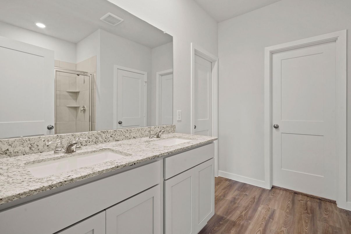 Bathroom, Dual Sink Vanities, Interior, Recessed Lighting, Wood Texture Flooring
