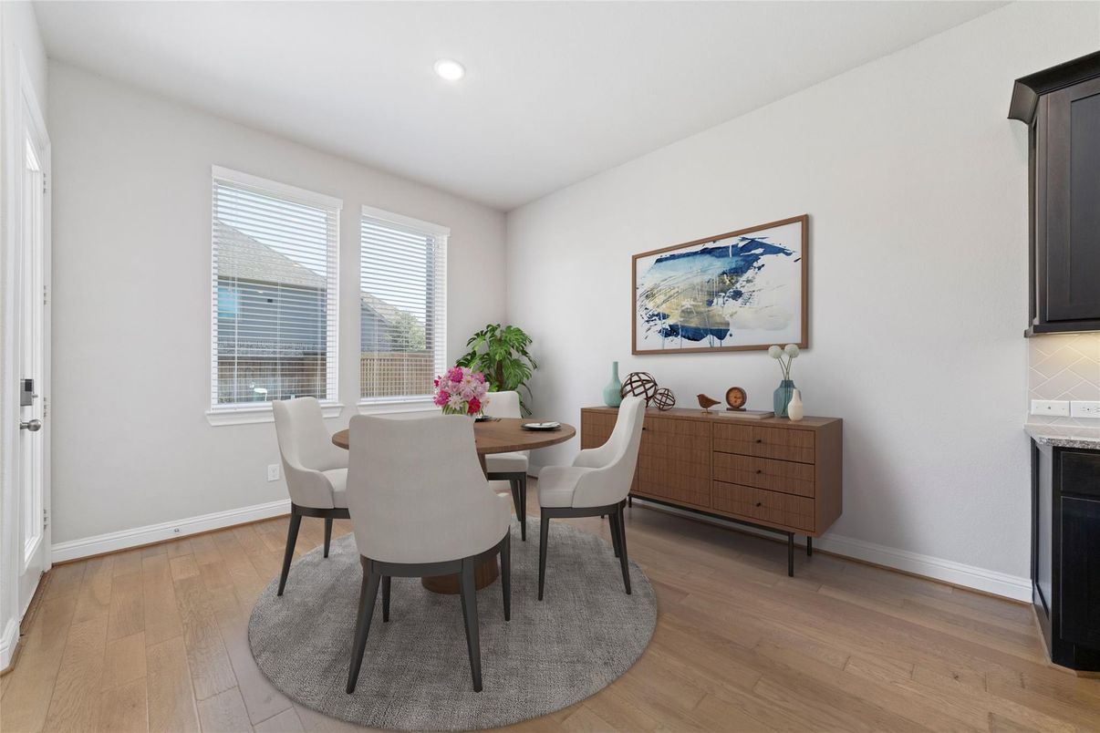 Dining room, Interior, Recessed Lighting, Wood Texture Flooring