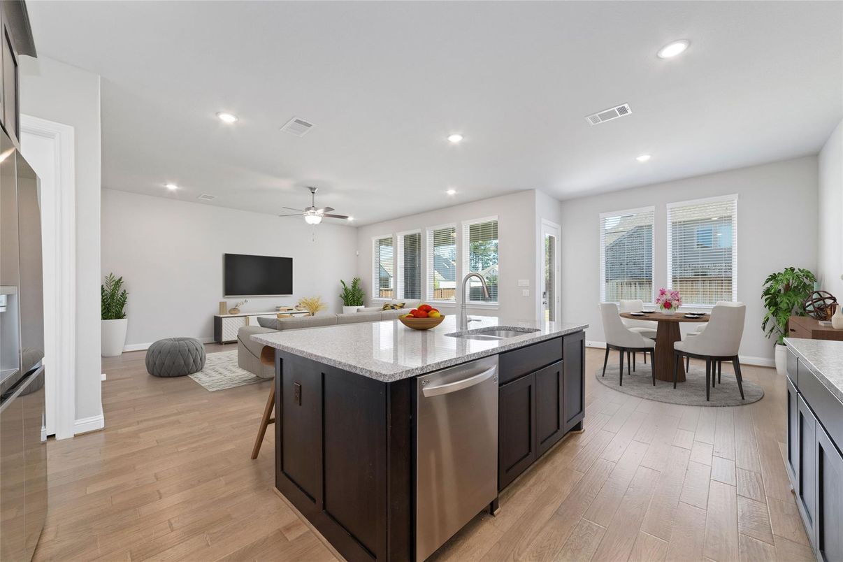 Dining room, Interior, Kitchen, Recessed Lighting, Stainless Steel Appliances, Wood Texture Flooring