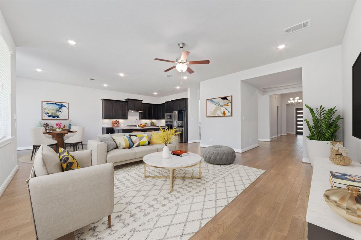 Dining room, Interior, Kitchen, Living room, Recessed Lighting, Stainless Steel Appliances, Wood Texture Flooring