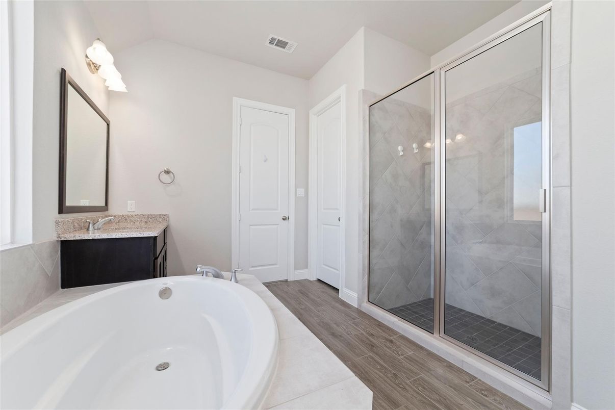 Bathroom, Glass Shower, Interior, Wood Texture Flooring