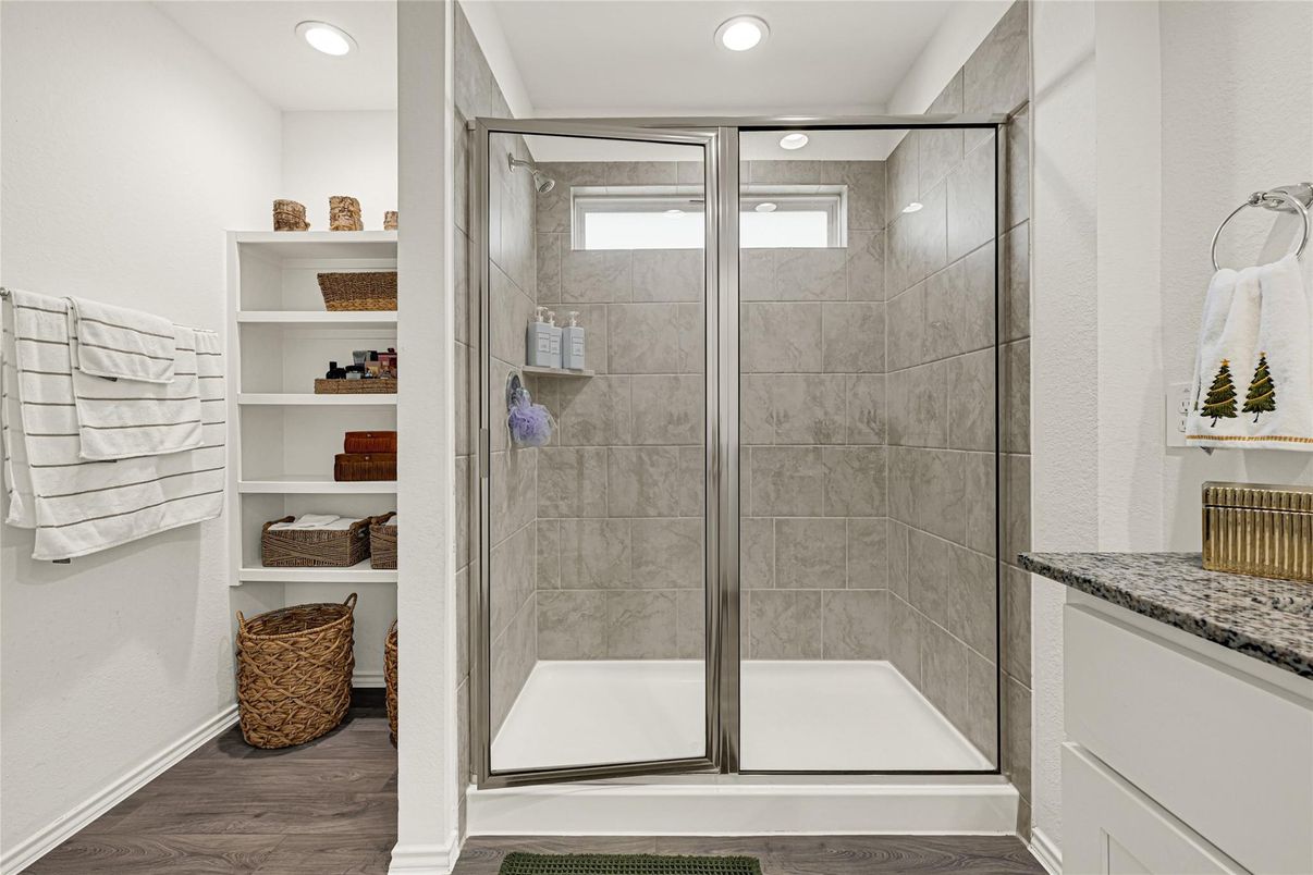 Bathroom, Glass Shower, Interior, Recessed Lighting, Wood Texture Flooring