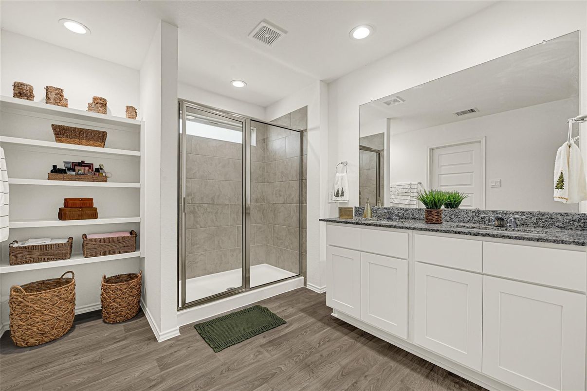 Bathroom, Glass Shower, Interior, Recessed Lighting, Wood Texture Flooring