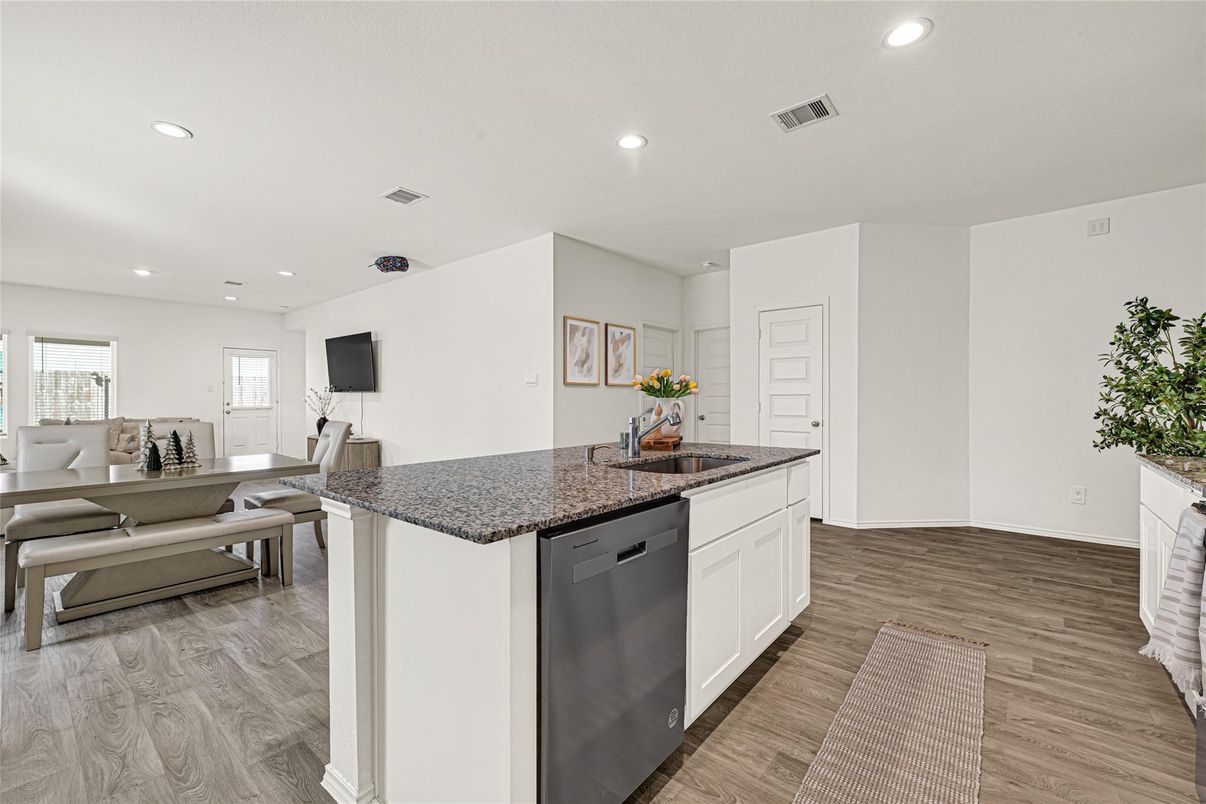 Dining room, Interior, Kitchen, Recessed Lighting, Wood Texture Flooring