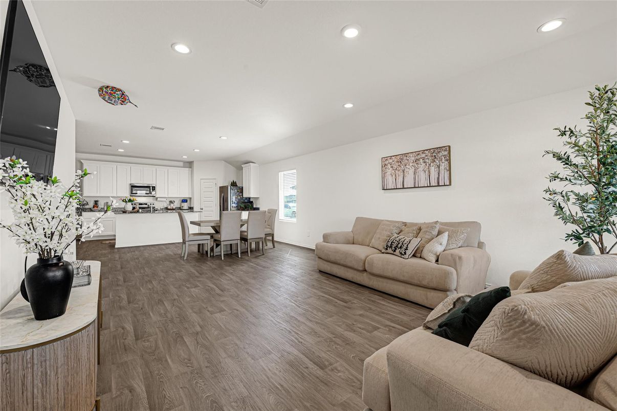 Dining room, Interior, Kitchen, Living room, Recessed Lighting, Stainless Steel Appliances, Wood Texture Flooring
