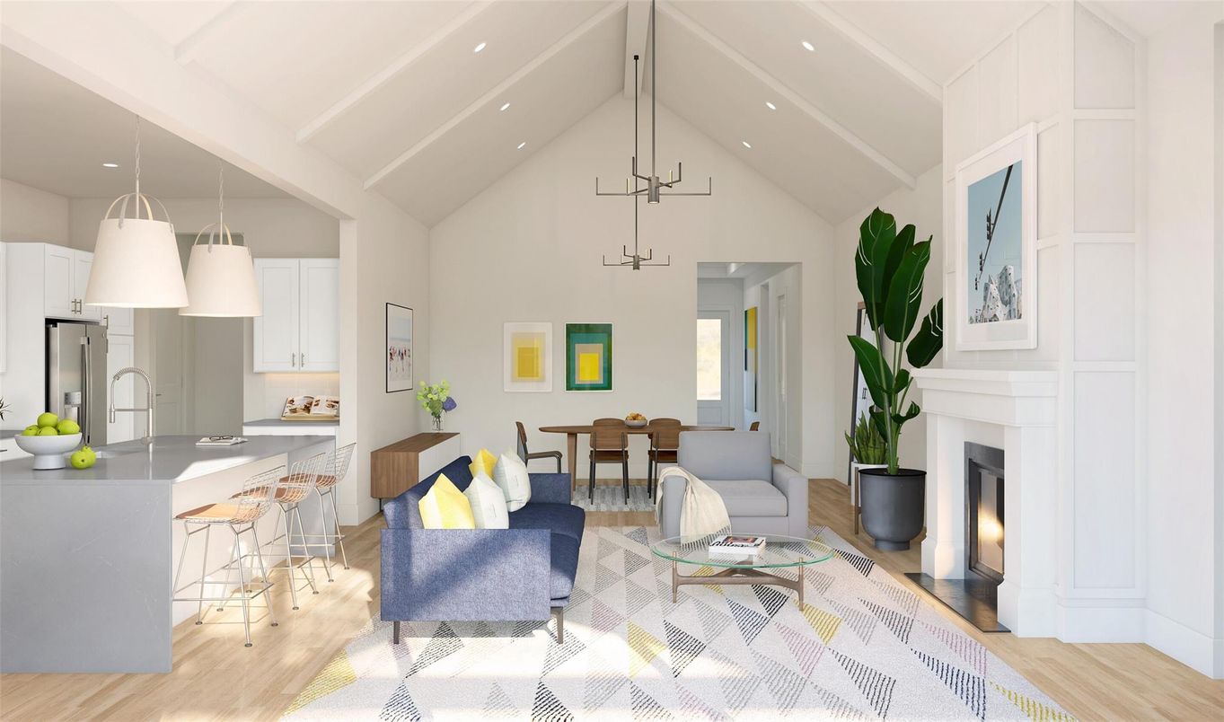 Dining room, Fireplace, Interior, Kitchen, Living room, Pendant Lights, Recessed Lighting, Wood Texture Flooring