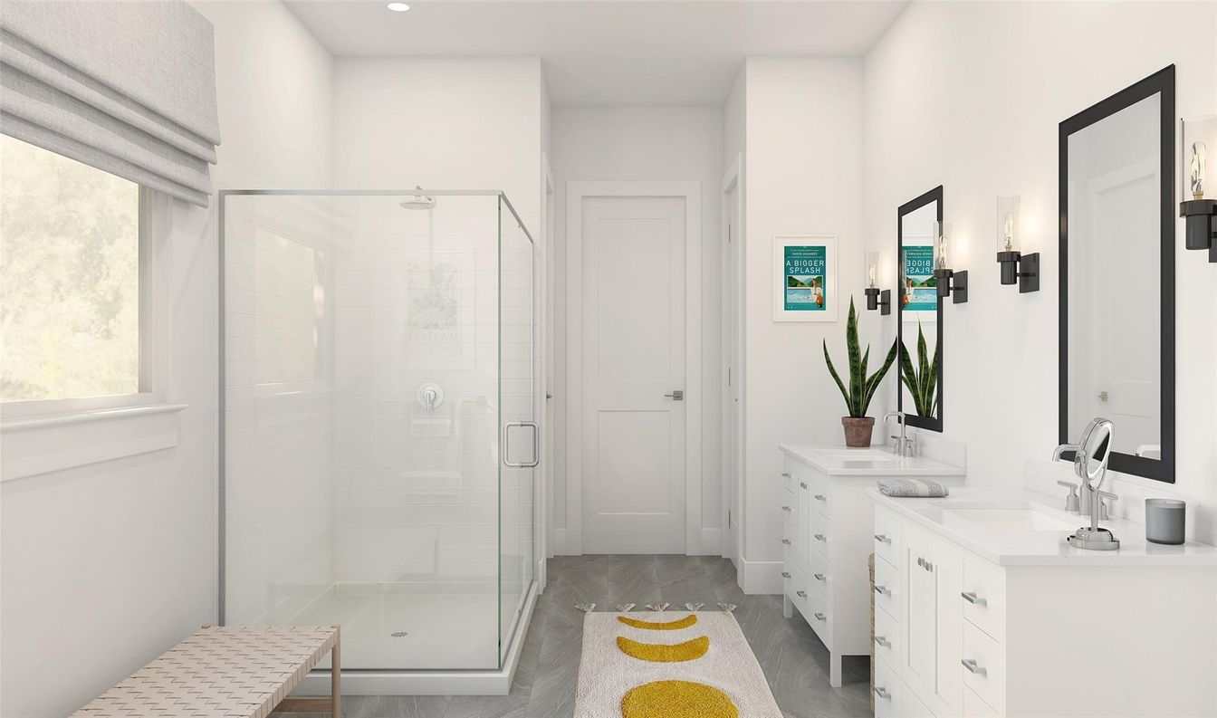 Bathroom, Dual Sink Vanities, Glass Shower, Interior, Recessed Lighting