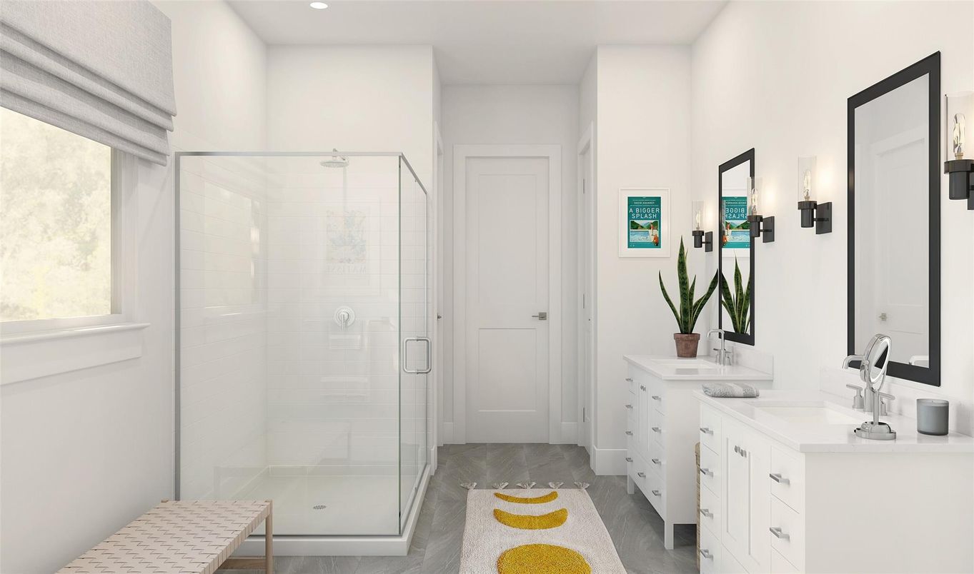 Bathroom, Dual Sink Vanities, Glass Shower, Interior, Recessed Lighting