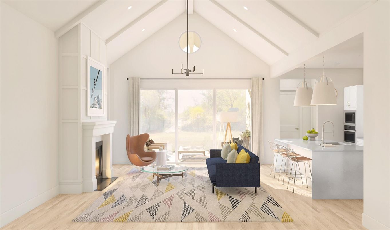 Fireplace, Interior, Kitchen, Living room, Pendant Lights, Recessed Lighting, Wood Texture Flooring