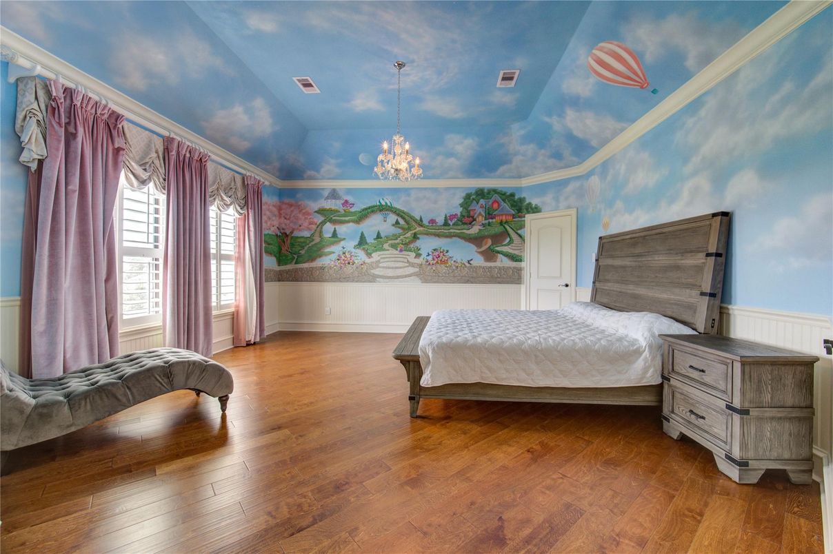 Bedroom, Chandelier, Interior, Wood Texture Flooring