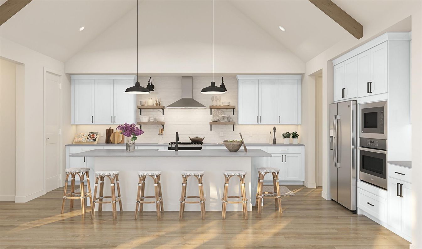Interior, Kitchen, Pendant Lights, Recessed Lighting, Stainless Steel Appliances, Wooden Beams, Wood Texture Flooring