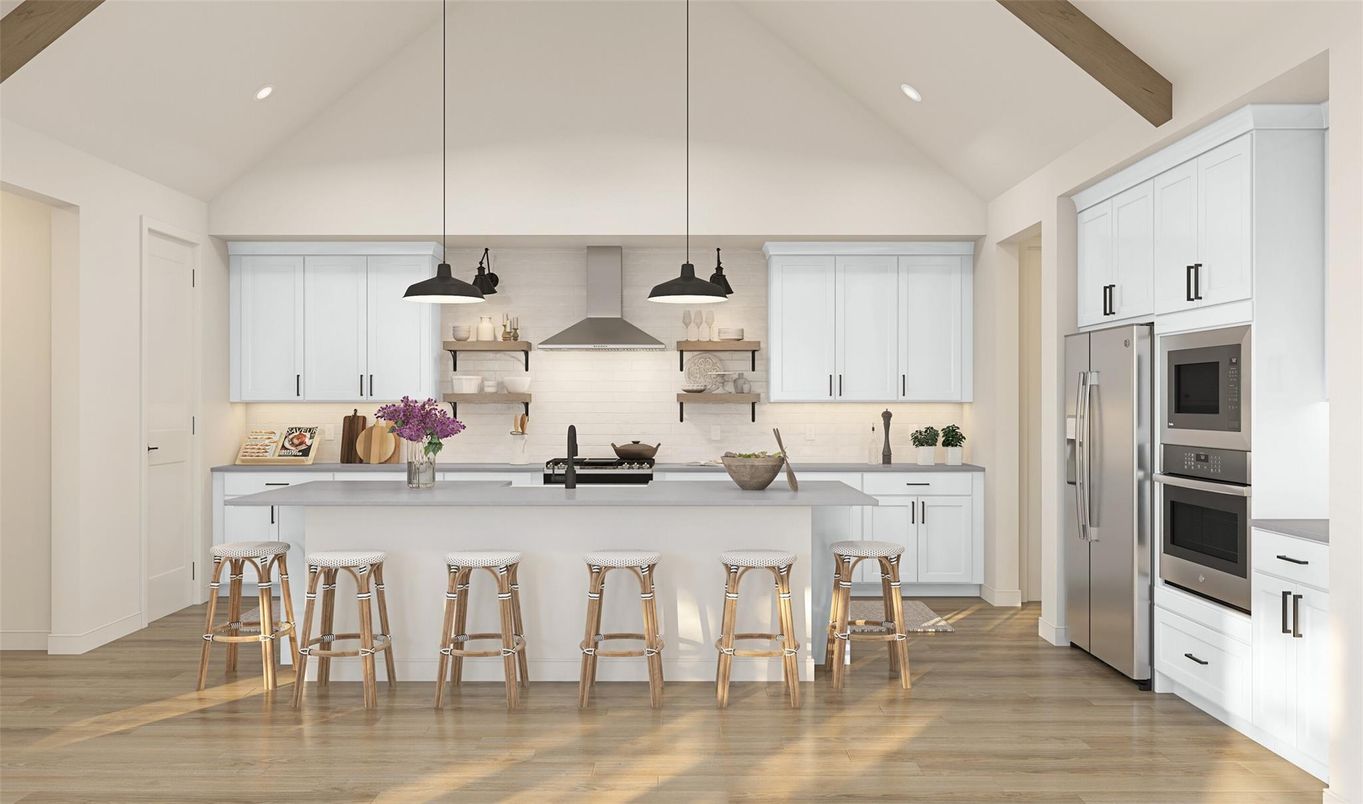 Interior, Kitchen, Pendant Lights, Recessed Lighting, Stainless Steel Appliances, Wooden Beams, Wood Texture Flooring