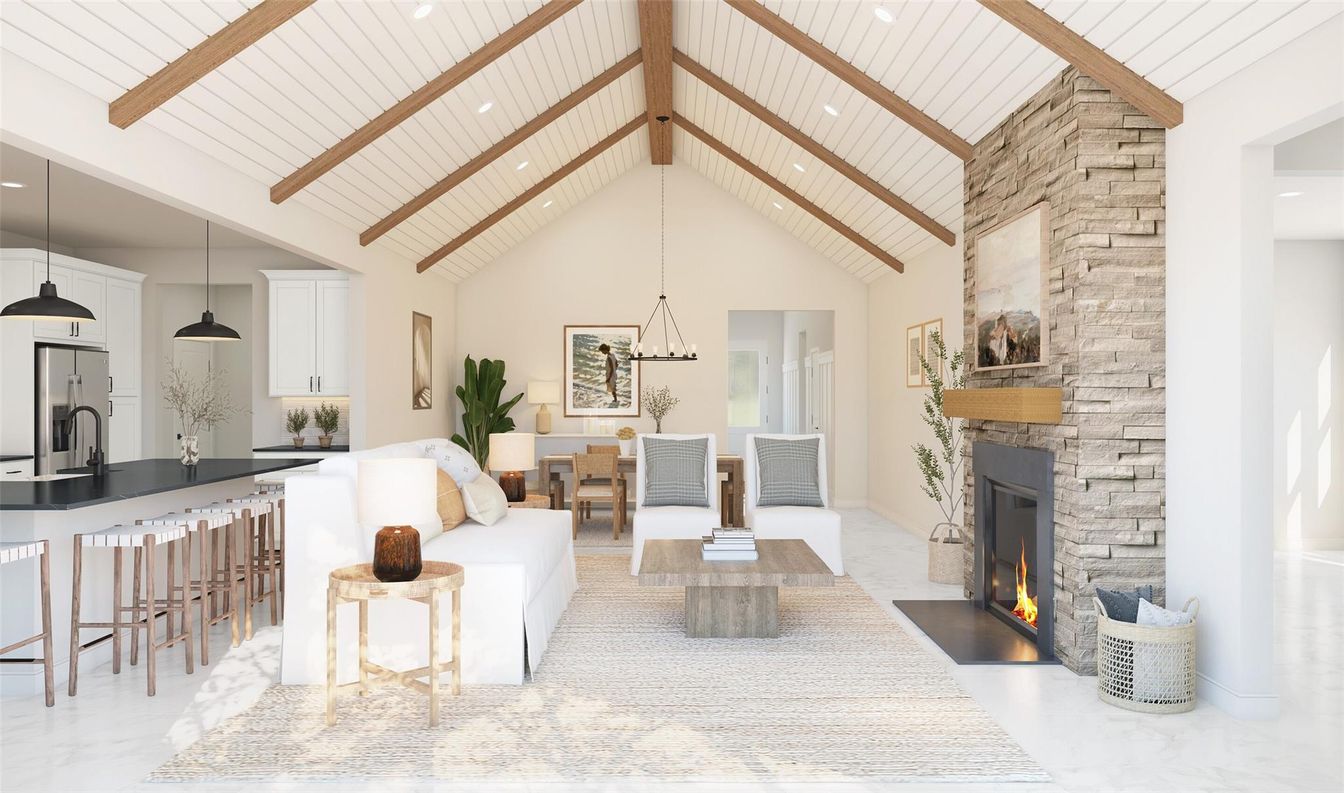 Dining room, Fireplace, Interior, Kitchen, Living room, Pendant Lights, Recessed Lighting, Stone Walls, Wooden Beams