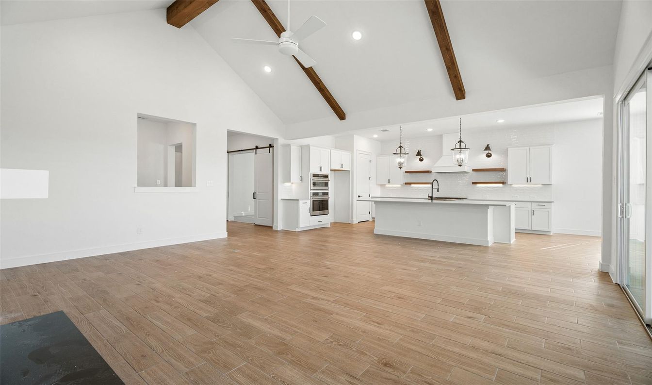 Empty room, Interior, Kitchen, Pendant Lights, Recessed Lighting, Wooden Beams, Wood Texture Flooring